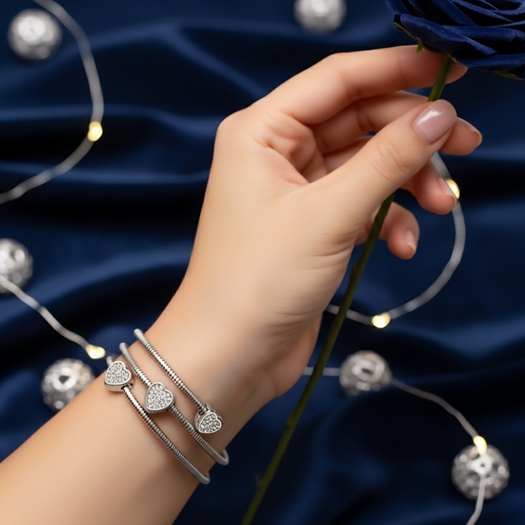 π Luxury Chic 18K White Gold Plated Stainless Steel Heart Wrap Bangle Bracelet - Picture 4 of 13